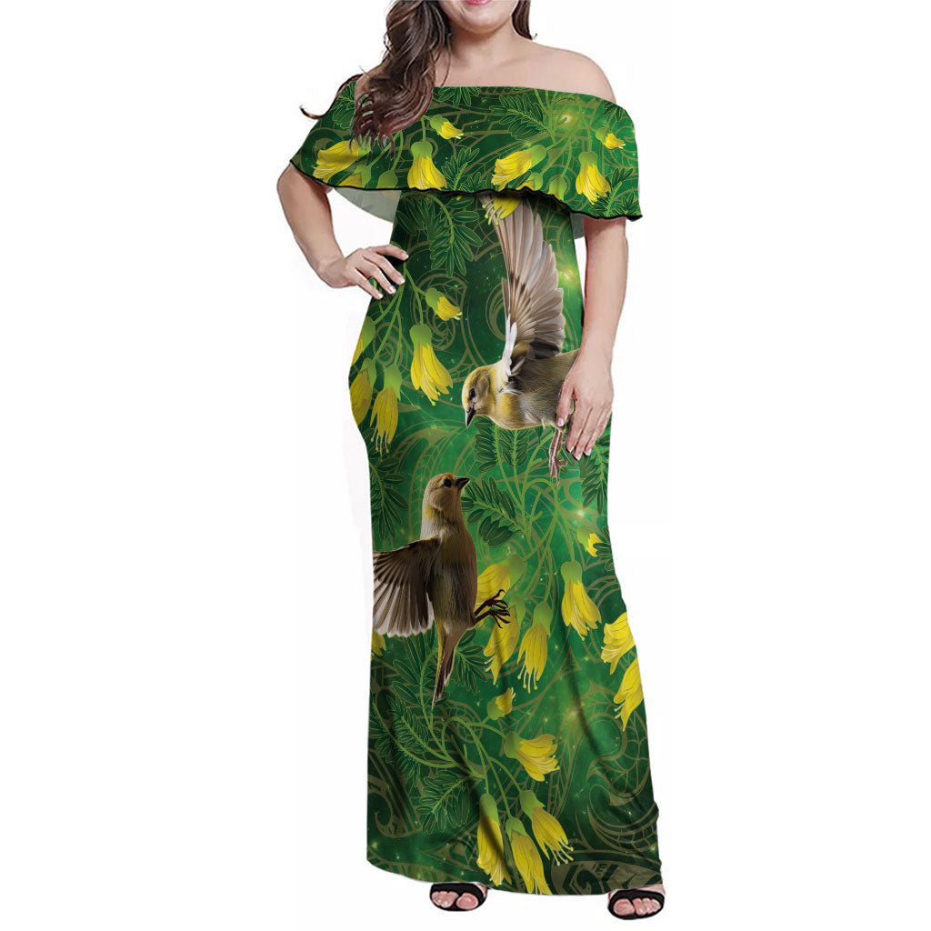 Bellbird New Zealand Personalised Family Matching Off Shoulder Maxi Dress and Hawaiian Shirt Kowhai Flower Maori Pattern