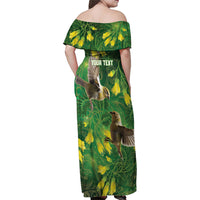 Bellbird New Zealand Personalised Family Matching Off Shoulder Maxi Dress and Hawaiian Shirt Kowhai Flower Maori Pattern