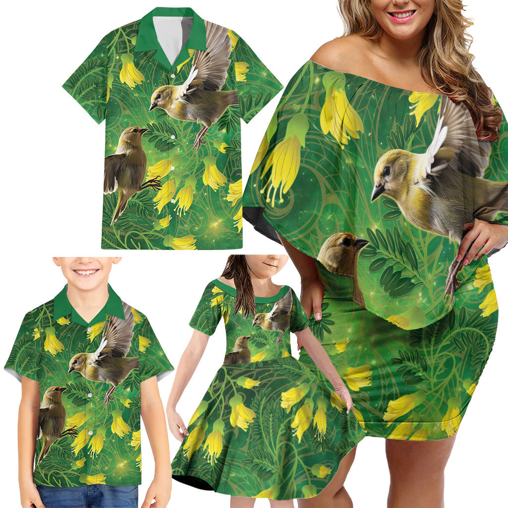 Bellbird New Zealand Personalised Family Matching Off Shoulder Short Dress and Hawaiian Shirt Kowhai Flower Maori Pattern
