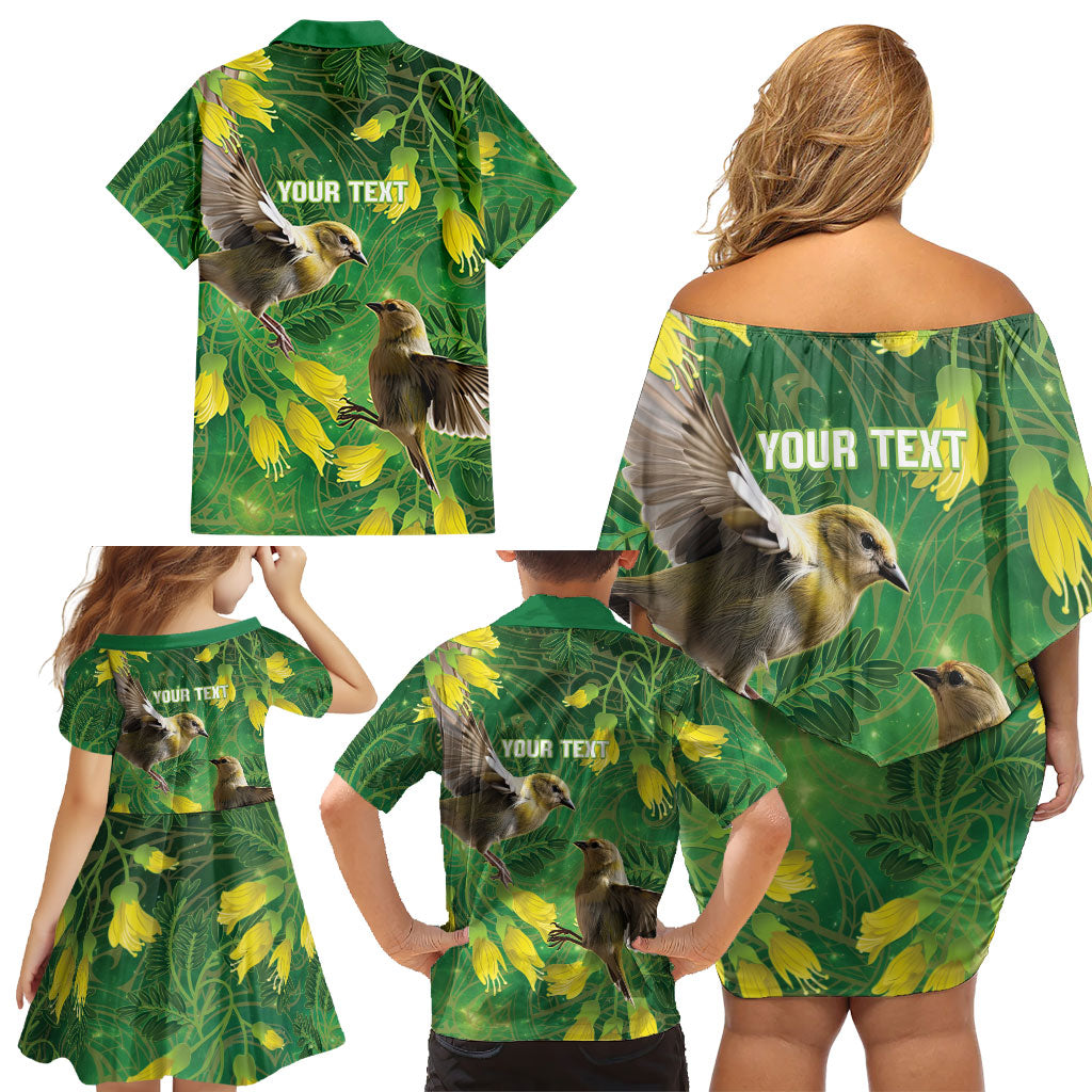 Bellbird New Zealand Personalised Family Matching Off Shoulder Short Dress and Hawaiian Shirt Kowhai Flower Maori Pattern