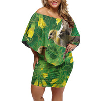 Bellbird New Zealand Personalised Family Matching Off Shoulder Short Dress and Hawaiian Shirt Kowhai Flower Maori Pattern