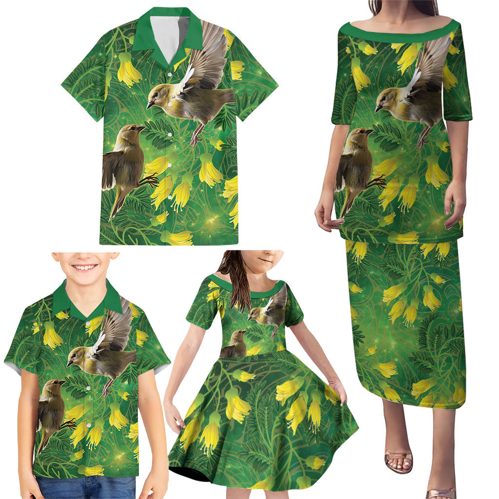 Bellbird New Zealand Personalised Family Matching Puletasi and Hawaiian Shirt Kowhai Flower Maori Pattern