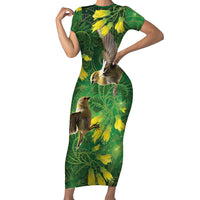 Bellbird New Zealand Personalised Family Matching Short Sleeve Bodycon Dress and Hawaiian Shirt Kowhai Flower Maori Pattern