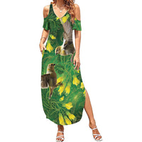 Bellbird New Zealand Personalised Family Matching Summer Maxi Dress and Hawaiian Shirt Kowhai Flower Maori Pattern