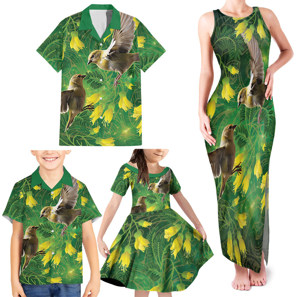 Bellbird New Zealand Personalised Family Matching Tank Maxi Dress and Hawaiian Shirt Kowhai Flower Maori Pattern