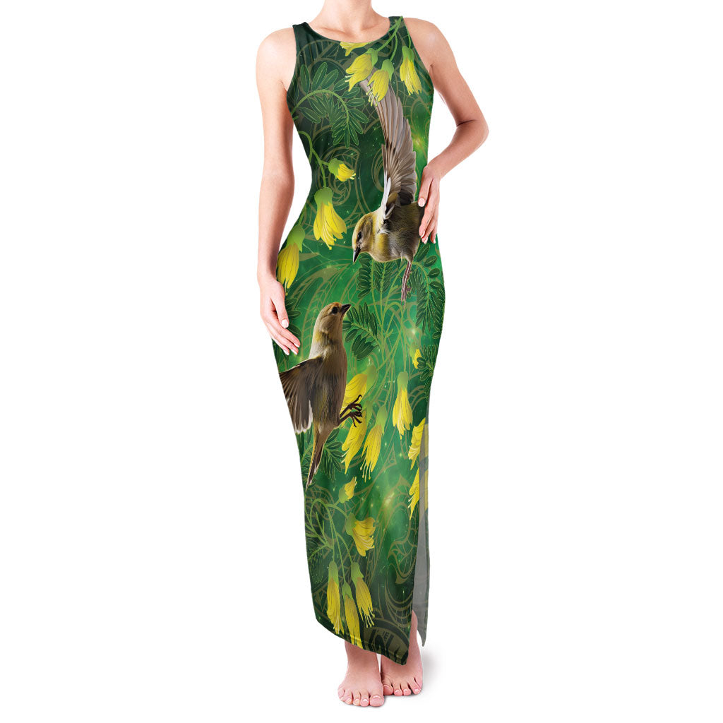 Bellbird New Zealand Personalised Family Matching Tank Maxi Dress and Hawaiian Shirt Kowhai Flower Maori Pattern