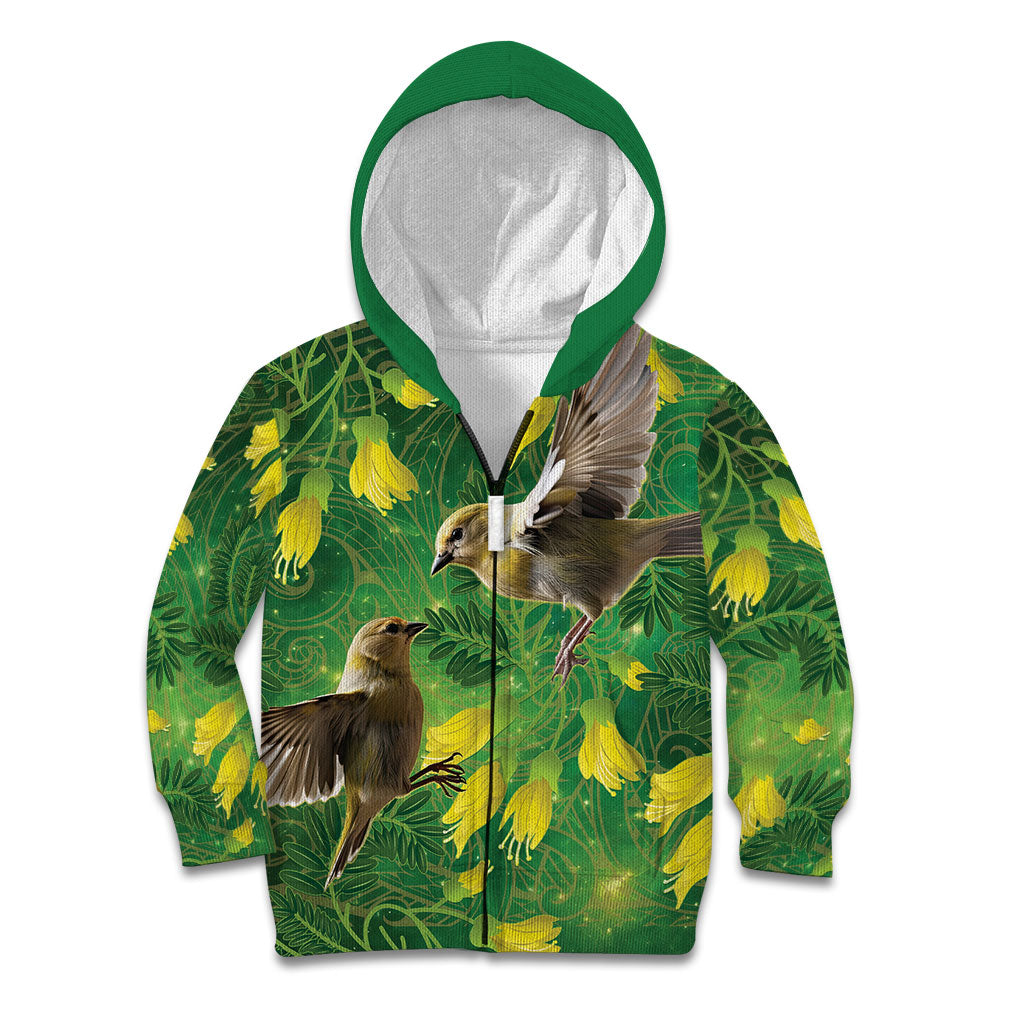Bellbird New Zealand Personalised Kid Hoodie Kowhai Flower Maori Pattern LT22 Zip Hoodie Green - Polynesian Pride