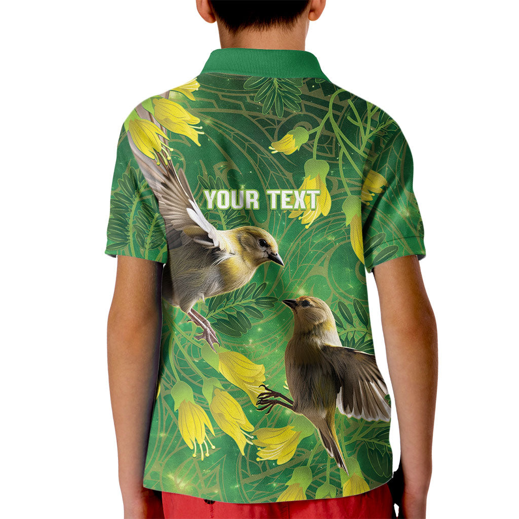 Bellbird New Zealand Personalised Kid Polo Shirt Kowhai Flower Maori Pattern