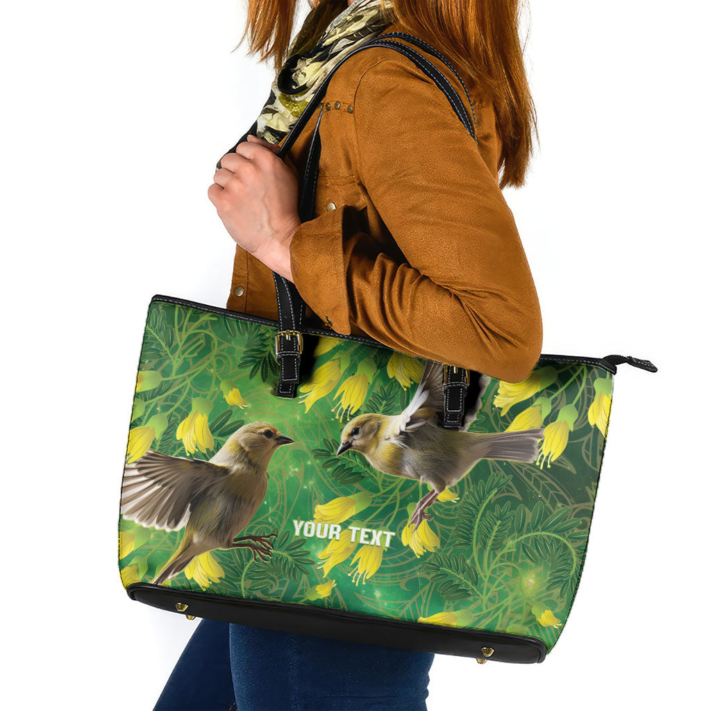 Bellbird New Zealand Personalised Leather Tote Bag Kowhai Flower Maori Pattern LT22 Green - Polynesian Pride