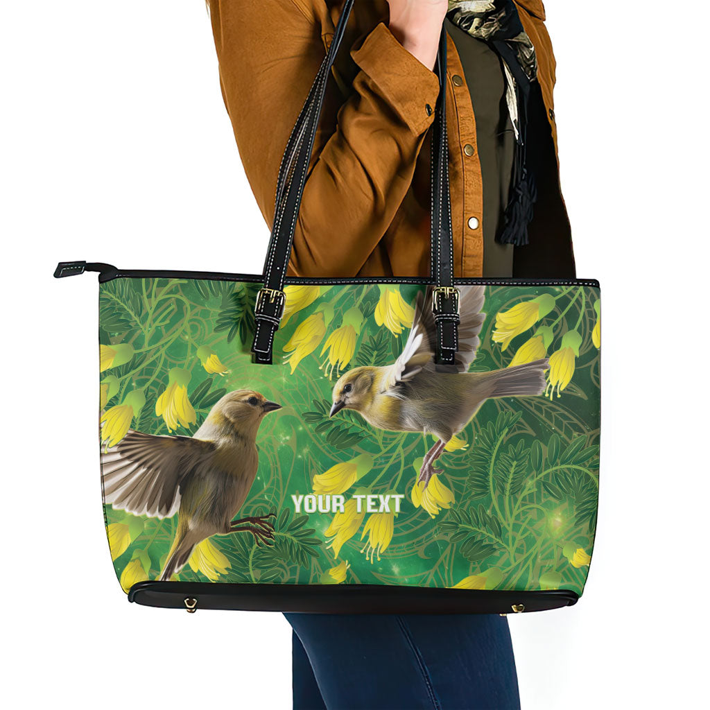 Bellbird New Zealand Personalised Leather Tote Bag Kowhai Flower Maori Pattern LT22 - Polynesian Pride