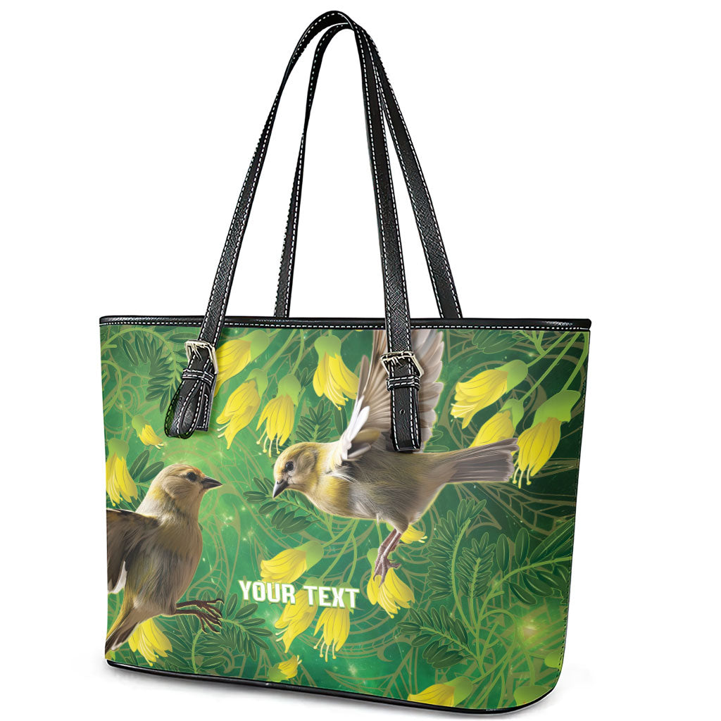 Bellbird New Zealand Personalised Leather Tote Bag Kowhai Flower Maori Pattern LT22 - Polynesian Pride