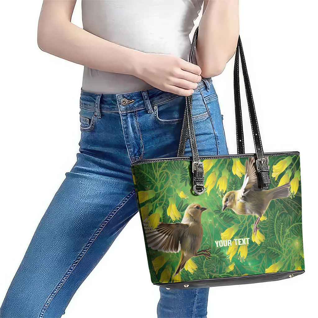 Bellbird New Zealand Personalised Leather Tote Bag Kowhai Flower Maori Pattern LT22 - Polynesian Pride