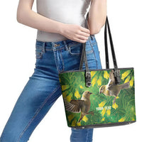 Bellbird New Zealand Personalised Leather Tote Bag Kowhai Flower Maori Pattern LT22 - Polynesian Pride