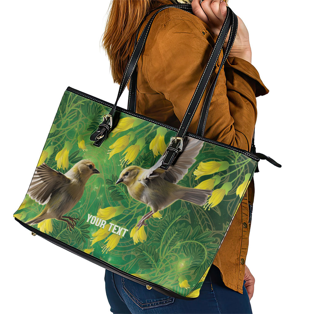 Bellbird New Zealand Personalised Leather Tote Bag Kowhai Flower Maori Pattern LT22 - Polynesian Pride