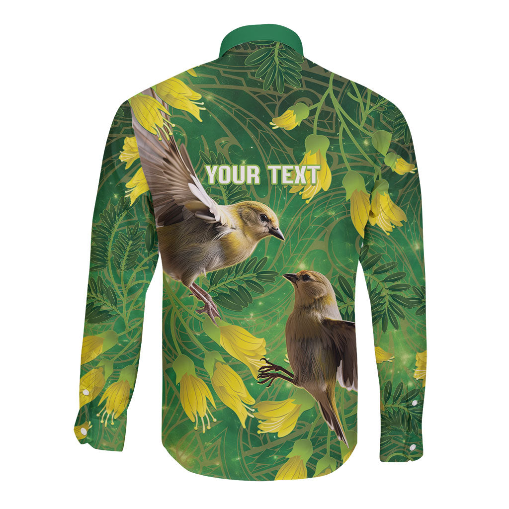 Bellbird New Zealand Personalised Long Sleeve Button Shirt Kowhai Flower Maori Pattern LT22 - Polynesian Pride
