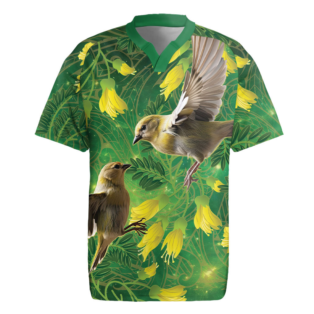 Bellbird New Zealand Personalised Rugby Jersey Kowhai Flower Maori Pattern