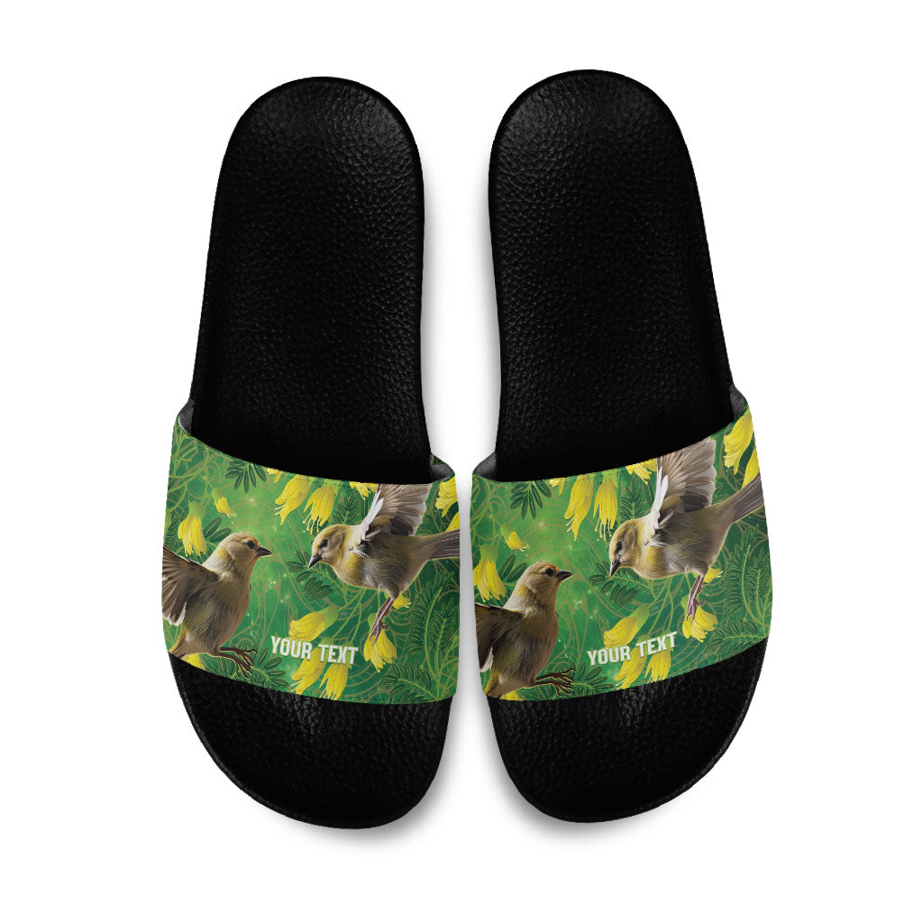 Bellbird New Zealand Personalised Slide Sandals Kowhai Flower Maori Pattern