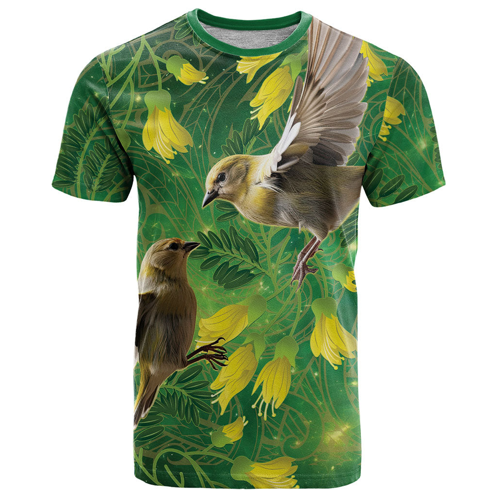 Bellbird New Zealand Personalised T Shirt Kowhai Flower Maori Pattern