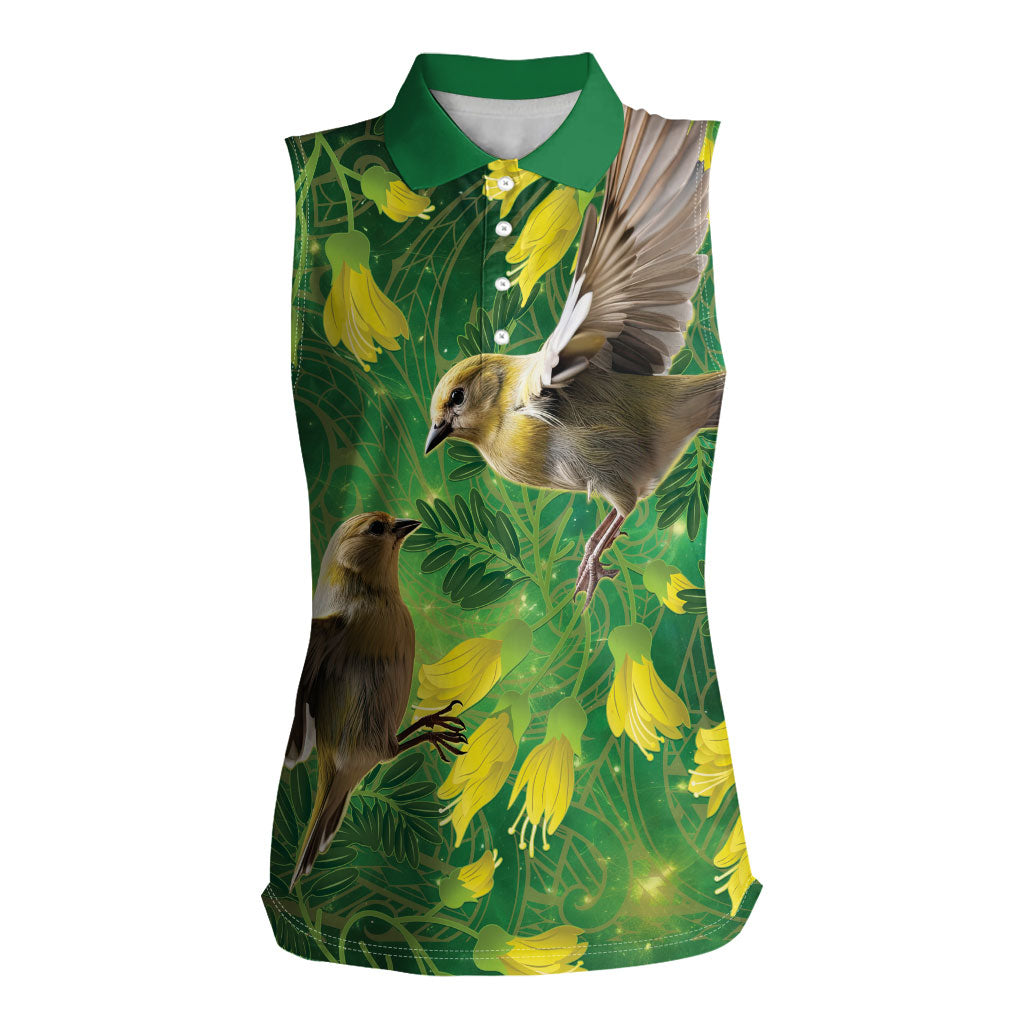 Bellbird New Zealand Personalised Women Sleeveless Polo Shirt Kowhai Flower Maori Pattern