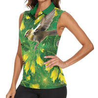Bellbird New Zealand Personalised Women Sleeveless Polo Shirt Kowhai Flower Maori Pattern