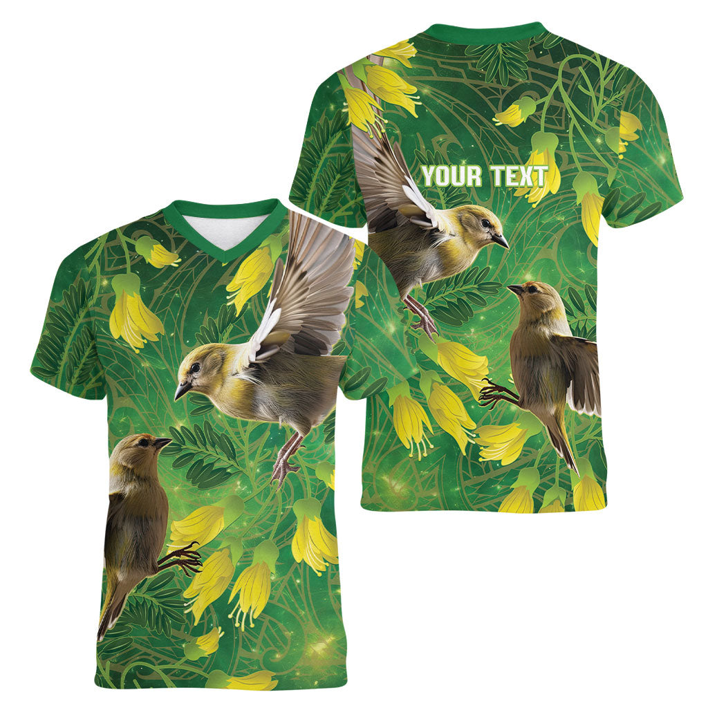Bellbird New Zealand Personalised Women V-Neck T-Shirt Kowhai Flower Maori Pattern