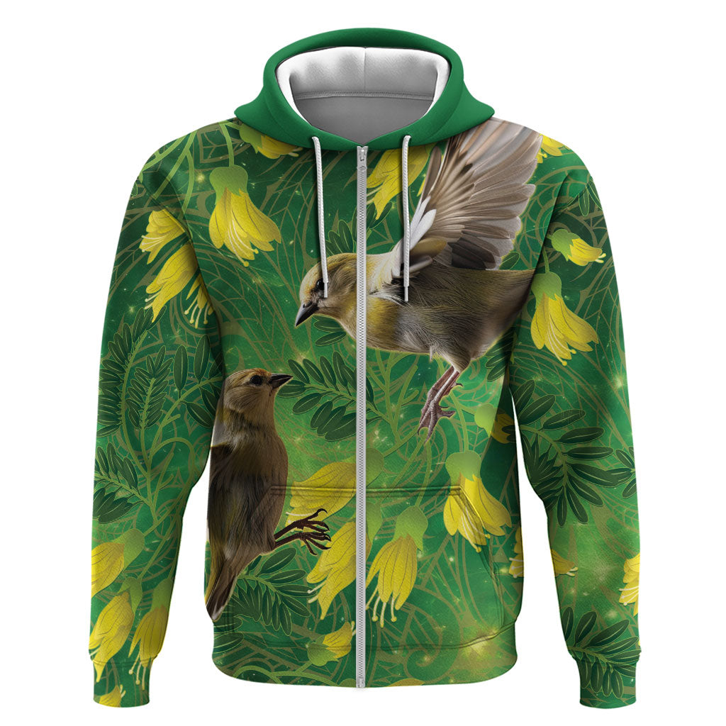 Bellbird New Zealand Personalised Zip Hoodie Kowhai Flower Maori Pattern LT22 Zip Hoodie Green - Polynesian Pride