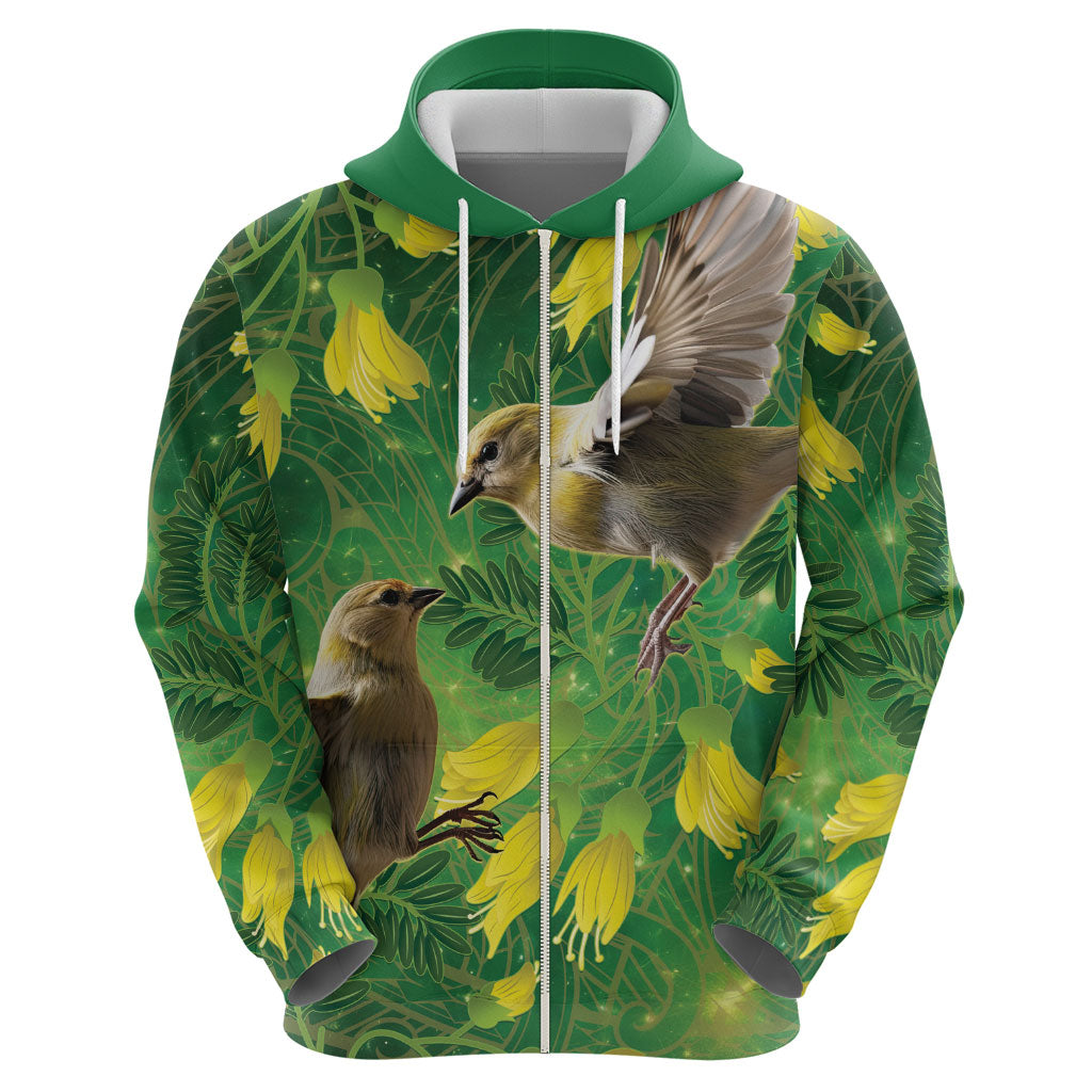 Bellbird New Zealand Personalised Zip Hoodie Kowhai Flower Maori Pattern LT22 - Polynesian Pride