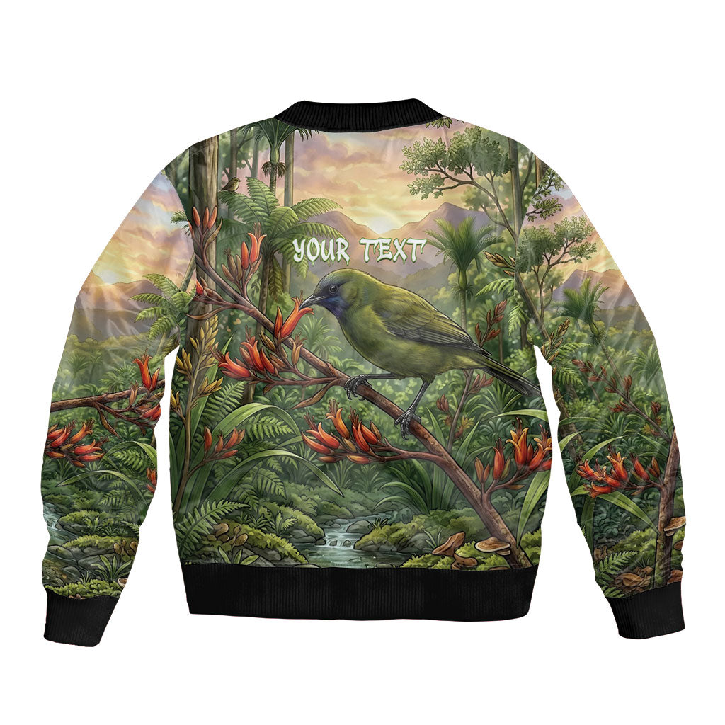 Bellbird New Zealand Personalised Bomber Jacket Korimako Harakeke Flower Native Forest LT22 - Polynesian Pride