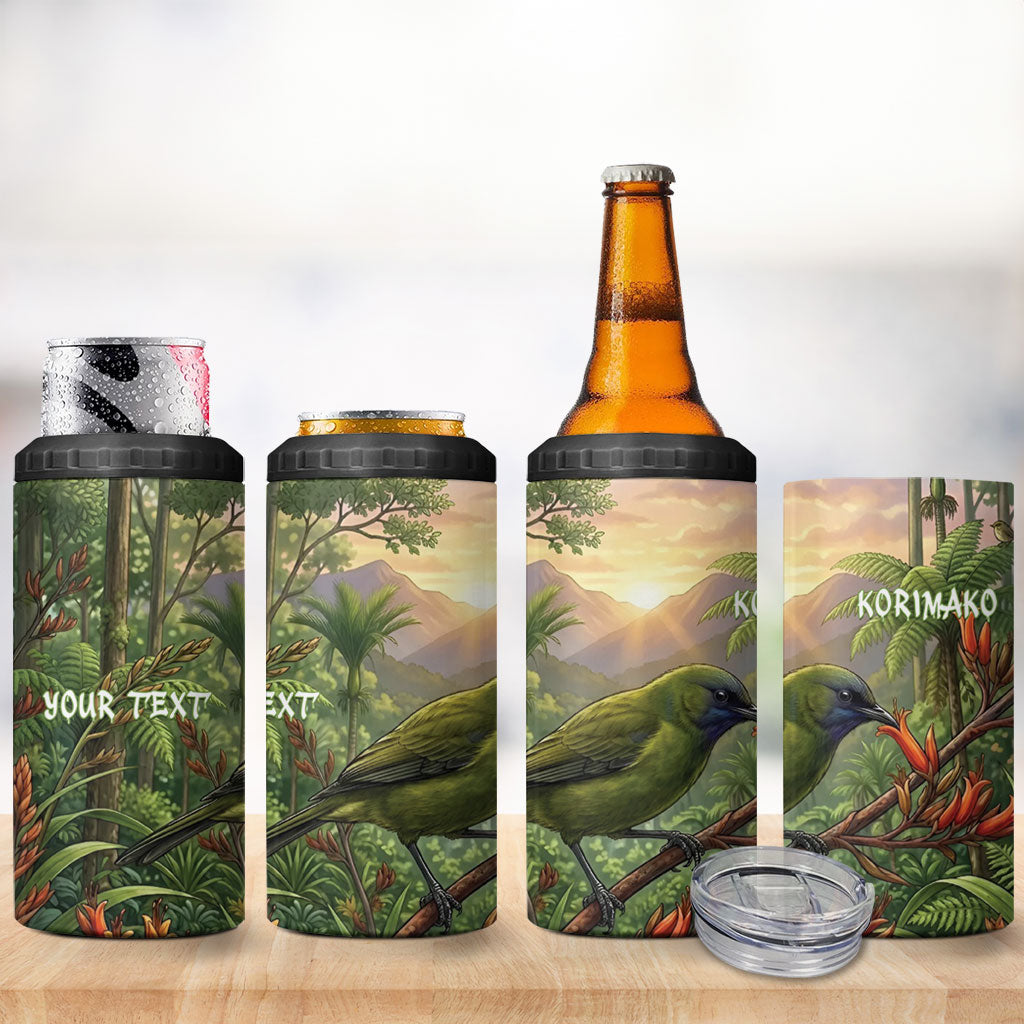 Bellbird New Zealand Personalised 4 in 1 Can Cooler Tumbler Korimako Harakeke Flower Native Forest