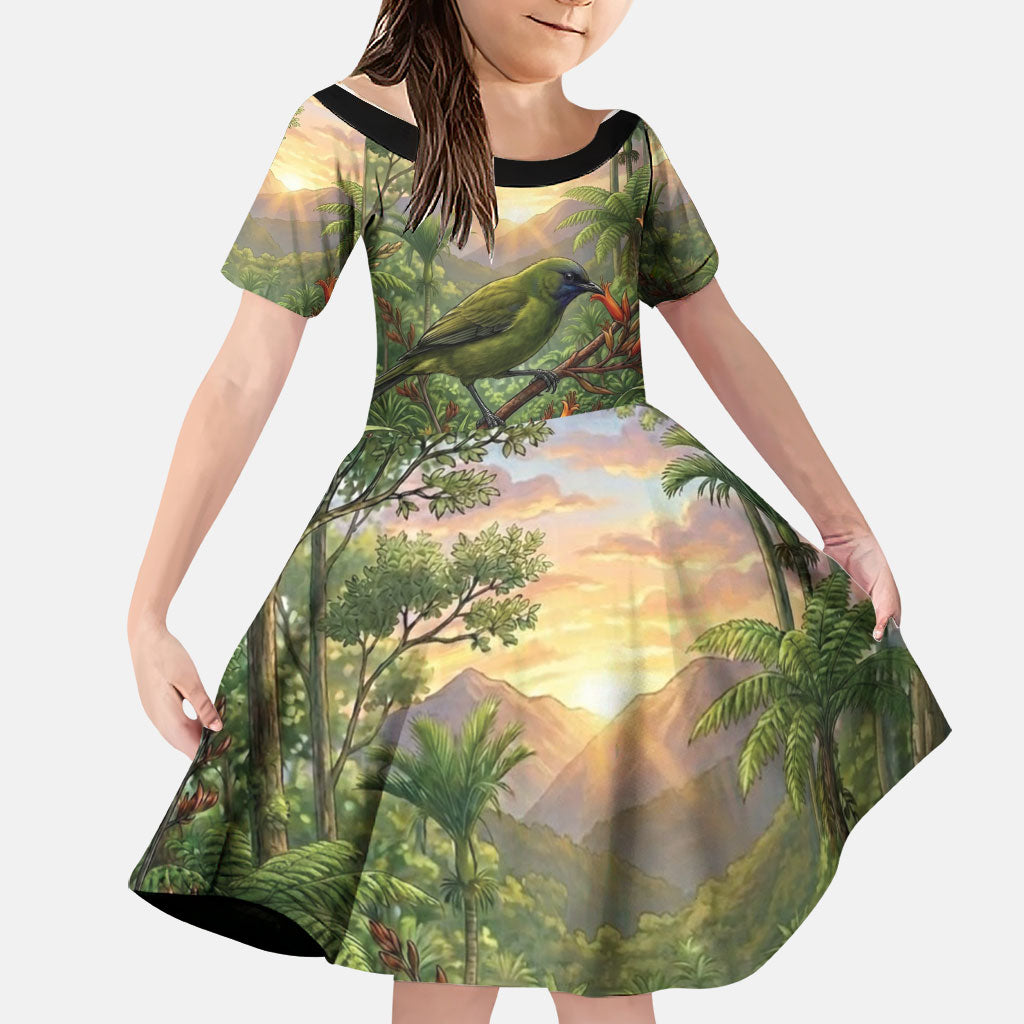 Bellbird New Zealand Personalised Family Matching Off The Shoulder Long Sleeve Dress and Hawaiian Shirt Korimako Harakeke Flower Native Forest