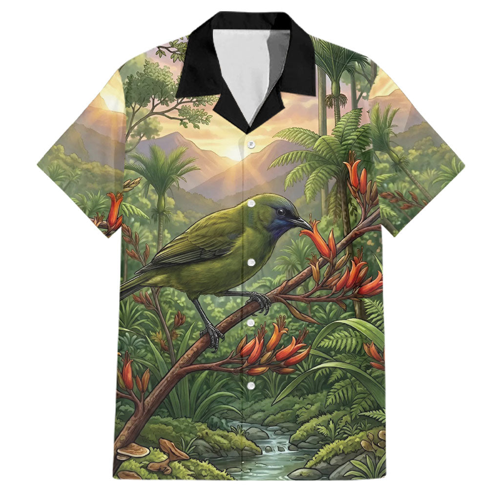Bellbird New Zealand Personalised Family Matching Off The Shoulder Long Sleeve Dress and Hawaiian Shirt Korimako Harakeke Flower Native Forest