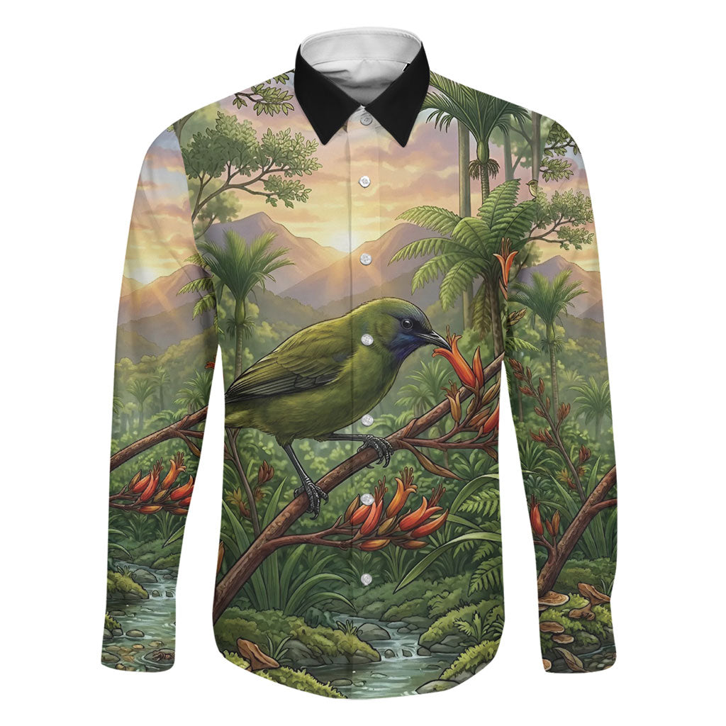 Bellbird New Zealand Personalised Family Matching Off The Shoulder Long Sleeve Dress and Hawaiian Shirt Korimako Harakeke Flower Native Forest