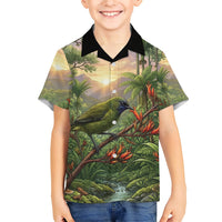 Bellbird New Zealand Personalised Family Matching Off The Shoulder Long Sleeve Dress and Hawaiian Shirt Korimako Harakeke Flower Native Forest