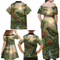 Bellbird New Zealand Personalised Family Matching Off Shoulder Maxi Dress and Hawaiian Shirt Korimako Harakeke Flower Native Forest