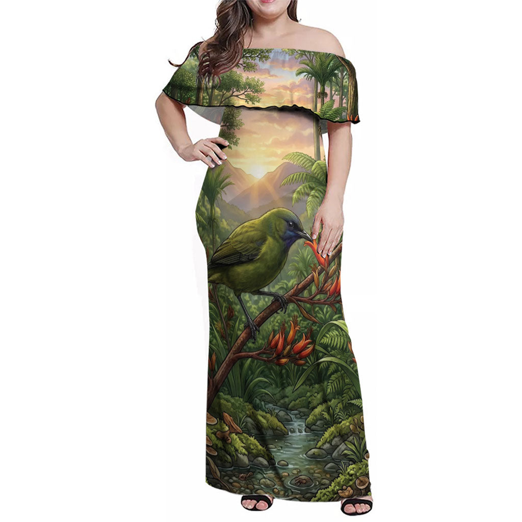 Bellbird New Zealand Personalised Family Matching Off Shoulder Maxi Dress and Hawaiian Shirt Korimako Harakeke Flower Native Forest