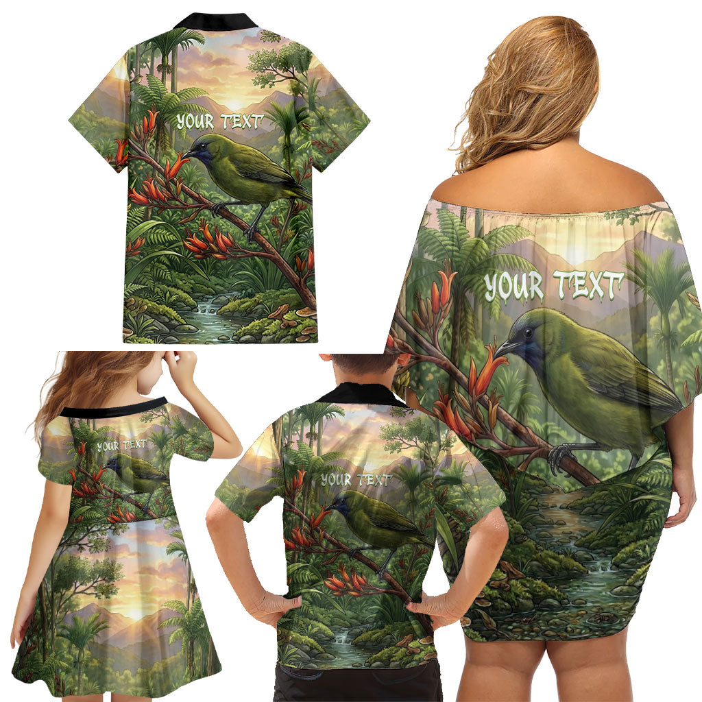 Bellbird New Zealand Personalised Family Matching Off Shoulder Short Dress and Hawaiian Shirt Korimako Harakeke Flower Native Forest