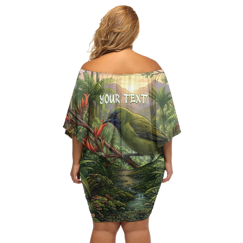 Bellbird New Zealand Personalised Family Matching Off Shoulder Short Dress and Hawaiian Shirt Korimako Harakeke Flower Native Forest