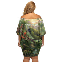 Bellbird New Zealand Personalised Family Matching Off Shoulder Short Dress and Hawaiian Shirt Korimako Harakeke Flower Native Forest