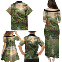 Bellbird New Zealand Personalised Family Matching Puletasi and Hawaiian Shirt Korimako Harakeke Flower Native Forest