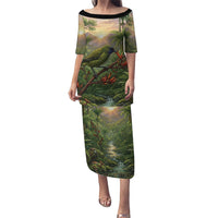 Bellbird New Zealand Personalised Family Matching Puletasi and Hawaiian Shirt Korimako Harakeke Flower Native Forest