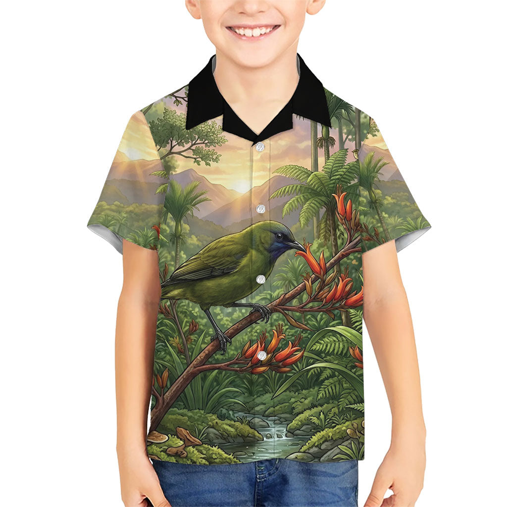 Bellbird New Zealand Personalised Family Matching Puletasi and Hawaiian Shirt Korimako Harakeke Flower Native Forest