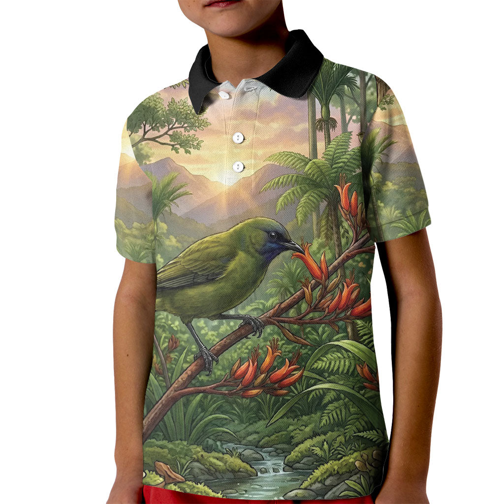 Bellbird New Zealand Personalised Kid Polo Shirt Korimako Harakeke Flower Native Forest