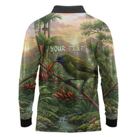 Bellbird New Zealand Personalised Long Sleeve Polo Shirt Korimako Harakeke Flower Native Forest