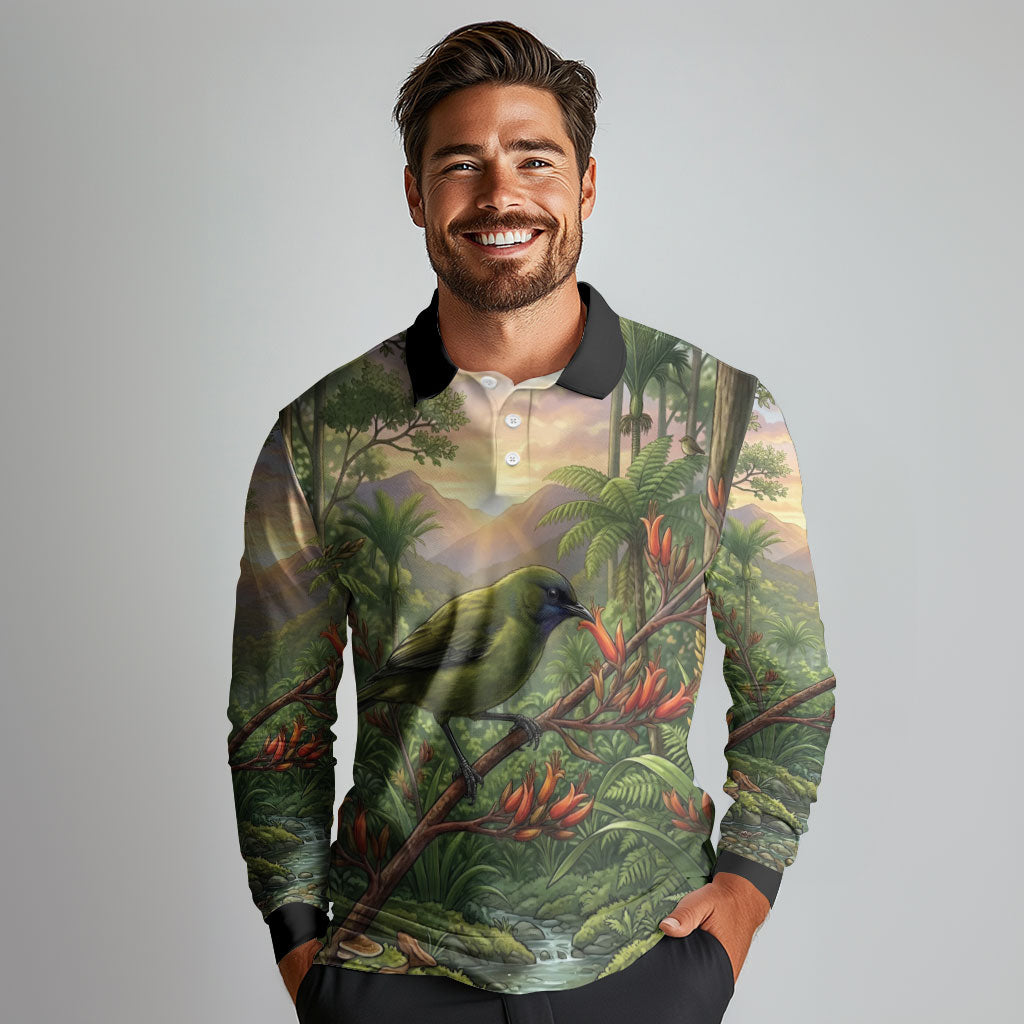 Bellbird New Zealand Personalised Long Sleeve Polo Shirt Korimako Harakeke Flower Native Forest