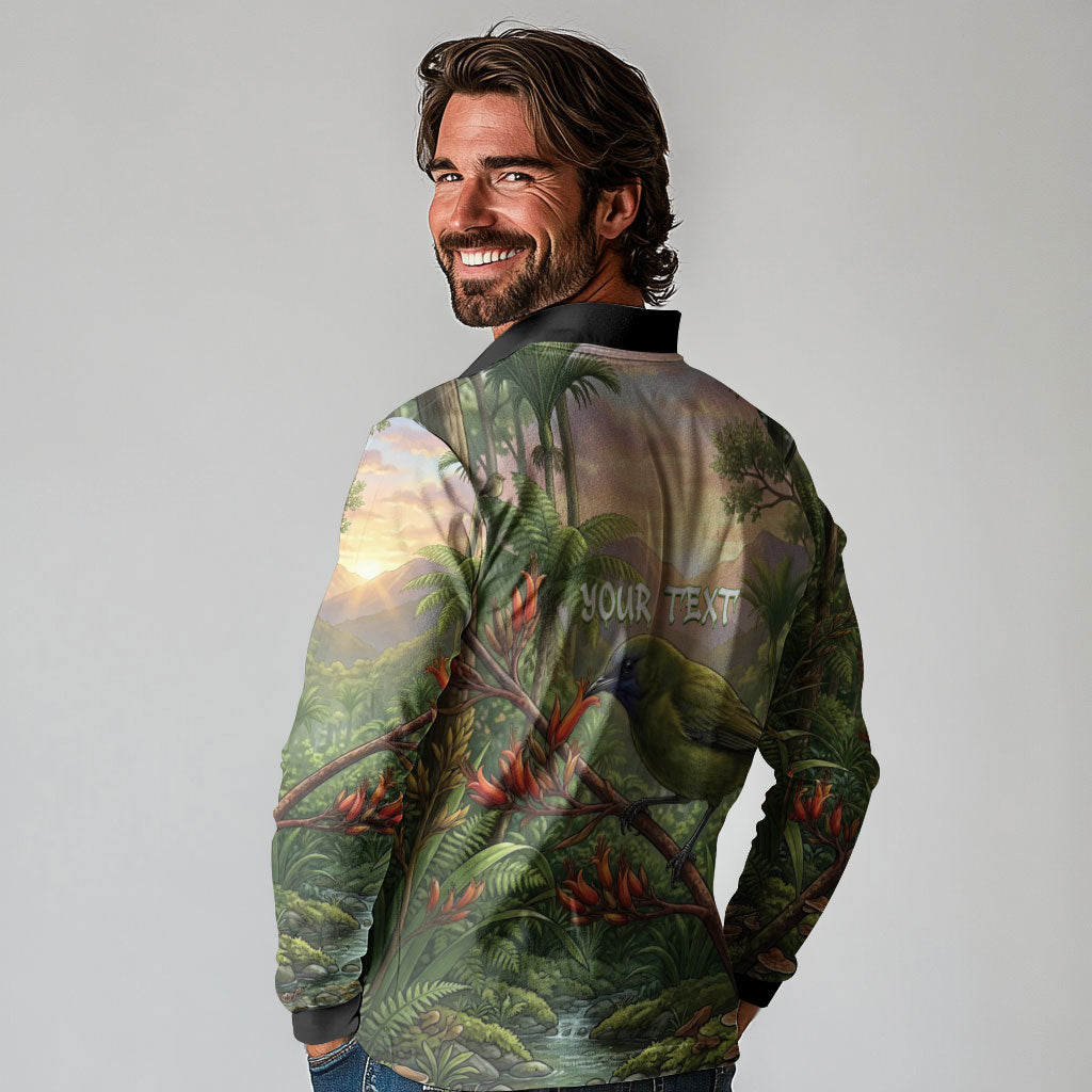 Bellbird New Zealand Personalised Long Sleeve Polo Shirt Korimako Harakeke Flower Native Forest