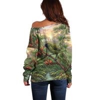 Bellbird New Zealand Personalised Off Shoulder Sweater Korimako Harakeke Flower Native Forest LT22 - Polynesian Pride
