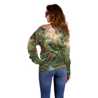 Bellbird New Zealand Personalised Off Shoulder Sweater Korimako Harakeke Flower Native Forest LT22 - Polynesian Pride