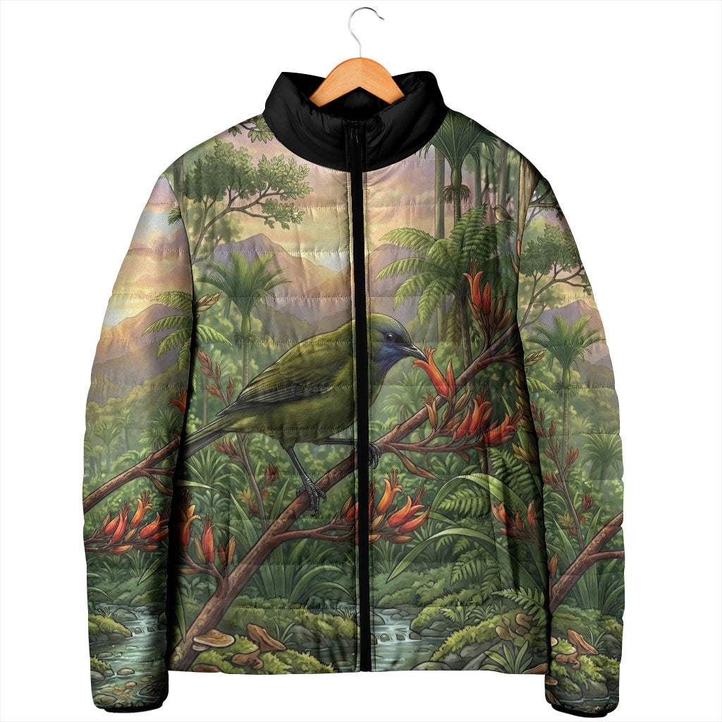 Bellbird New Zealand Personalised Padded Jacket Korimako Harakeke Flower Native Forest