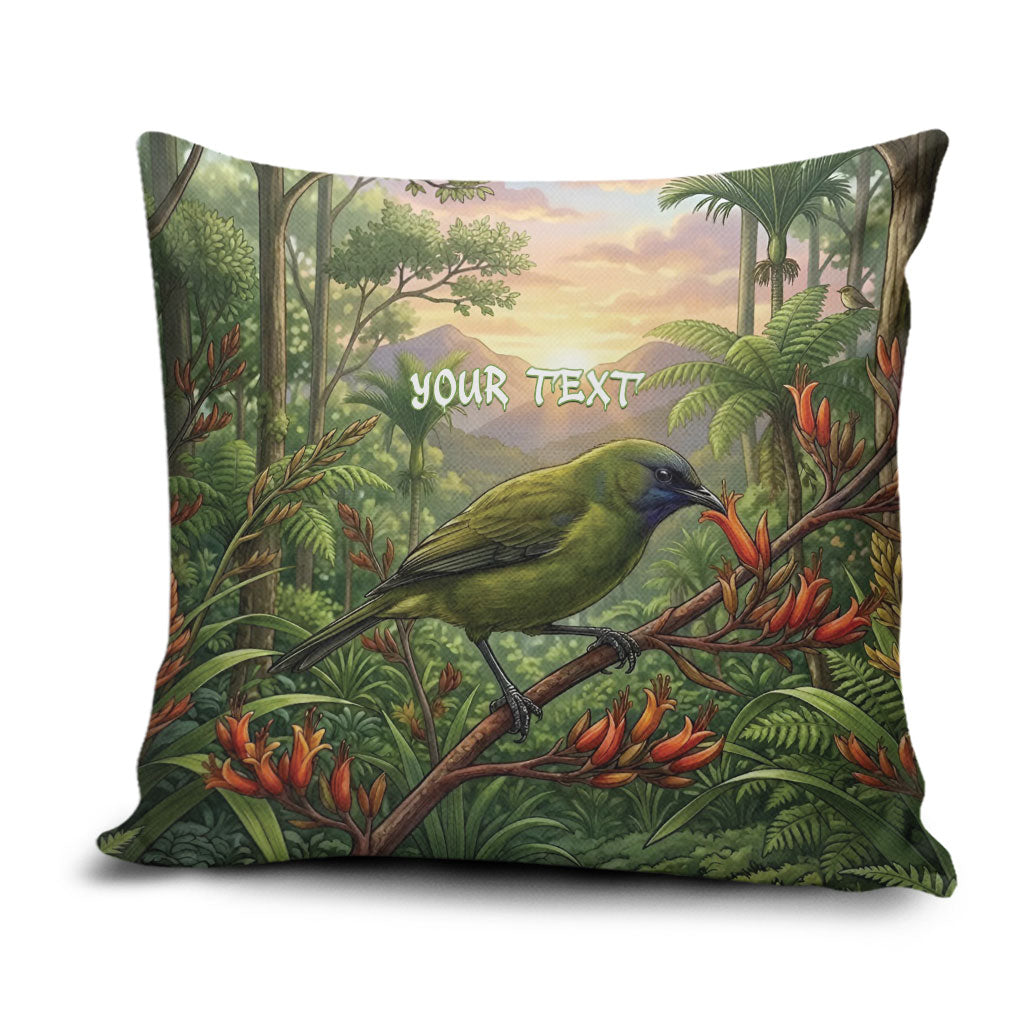 Bellbird New Zealand Personalised Pillow Cover Korimako Harakeke Flower Native Forest LT22 Green - Polynesian Pride