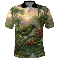 Bellbird New Zealand Personalised Polo Shirt Korimako Harakeke Flower Native Forest LT22 Green - Polynesian Pride